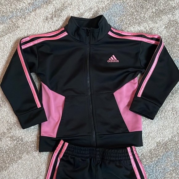 Adidas Tracksuit - Pink and Black 3 Stripe 2pc Set - Toddler Girls Size - Picture 2 of 11